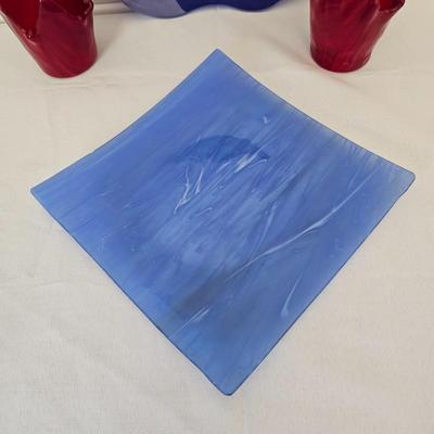 Blue & Red Streaky Glass Plates & More (O-JS)