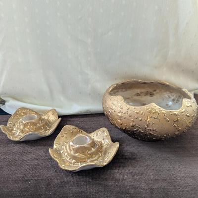 Gold in Color Bowl and Candle Holders.
