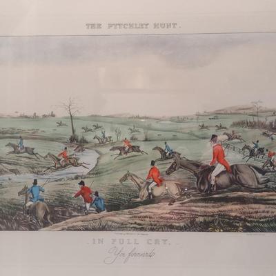 'In Full Cry- Yoi Forward' The Pytchley Hunt- Equestrian Fox Hunt Print Framed Behind Glass