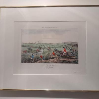 'In Full Cry- Yoi Forward' The Pytchley Hunt- Equestrian Fox Hunt Print Framed Behind Glass