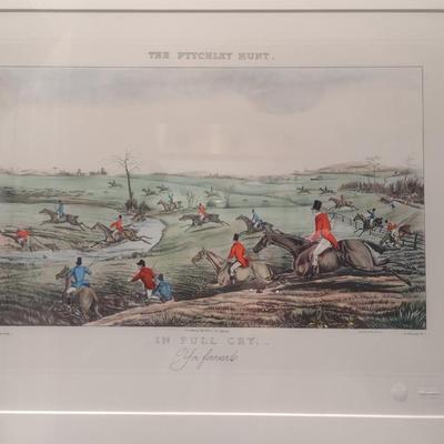 'In Full Cry- Yoi Forward' The Pytchley Hunt- Equestrian Fox Hunt Print Framed Behind Glass