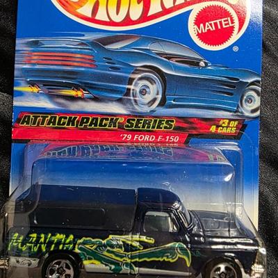 1999 Hot Wheels Attack Pack Series #3 of 4 '79 Ford F-150 | Collector #1023 Black w/ Neon Green-Yellow Flames | Sealed Original Card...