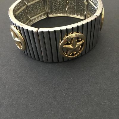 Vintage, silver and gold, toned panel link stretch bracelet