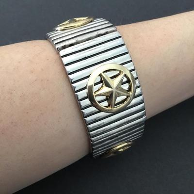 Vintage, silver and gold, toned panel link stretch bracelet