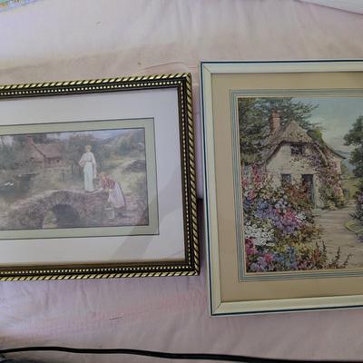 Two Vintage Prints. "Fetching Water" "English Cottage Garden in Full Bloom"