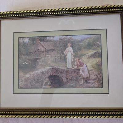 Two Vintage Prints. "Fetching Water" "English Cottage Garden in Full Bloom"