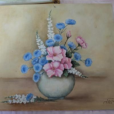 Original Painting by Gladys Estes of Delphiniums, Asters, and Petunias.