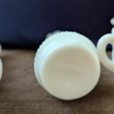 Vintage White Milk Glass, Three Vases, and Small Sugar Bowl and Cream Pitcher