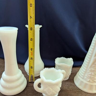 Vintage White Milk Glass, Three Vases, and Small Sugar Bowl and Cream Pitcher