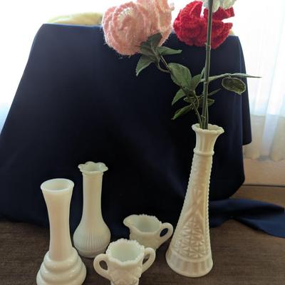 Vintage White Milk Glass, Three Vases, and Small Sugar Bowl and Cream Pitcher