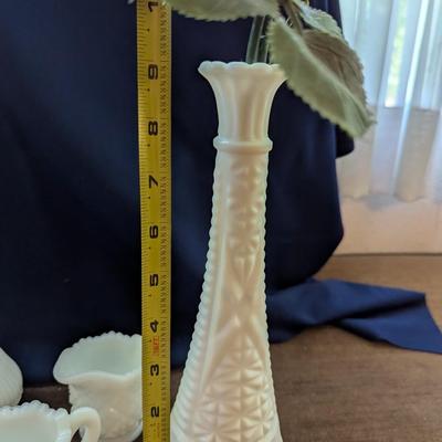 Vintage White Milk Glass, Three Vases, and Small Sugar Bowl and Cream Pitcher