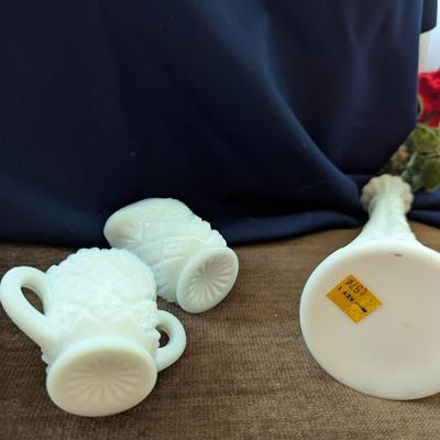 Vintage White Milk Glass, Three Vases, and Small Sugar Bowl and Cream Pitcher