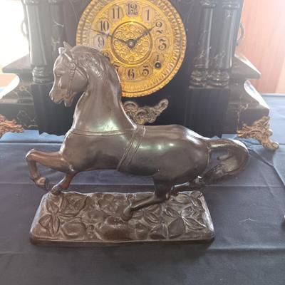 WILLIAM L GILBERT ANTIQUE CLOCK AND A BRONZE HORSE THAT HAS ALWAYS SAT ON TOP OF CLOCK