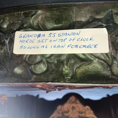 WILLIAM L GILBERT ANTIQUE CLOCK AND A BRONZE HORSE THAT HAS ALWAYS SAT ON TOP OF CLOCK