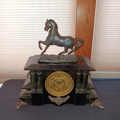 WILLIAM L GILBERT ANTIQUE CLOCK AND A BRONZE HORSE THAT HAS ALWAYS SAT ON TOP OF CLOCK