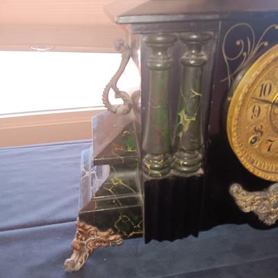 WILLIAM L GILBERT ANTIQUE CLOCK AND A BRONZE HORSE THAT HAS ALWAYS SAT ON TOP OF CLOCK