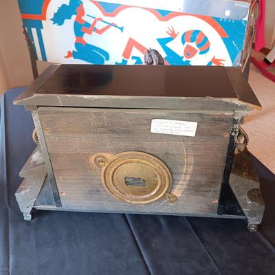 WILLIAM L GILBERT ANTIQUE CLOCK AND A BRONZE HORSE THAT HAS ALWAYS SAT ON TOP OF CLOCK