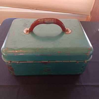 METAL TACKLE BOX FROM MONTGOMERY WARDS 1955 FILLED WITH TACKLE