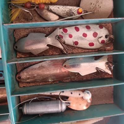METAL TACKLE BOX FROM MONTGOMERY WARDS 1955 FILLED WITH TACKLE