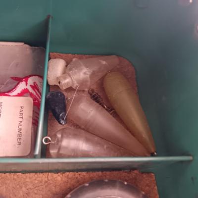 METAL TACKLE BOX FROM MONTGOMERY WARDS 1955 FILLED WITH TACKLE