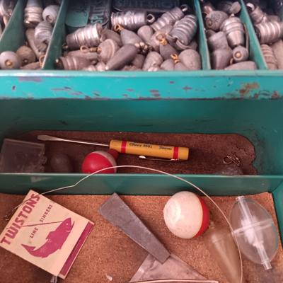 METAL TACKLE BOX FROM MONTGOMERY WARDS 1955 FILLED WITH TACKLE