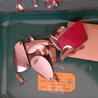 METAL TACKLE BOX FROM MONTGOMERY WARDS 1955 FILLED WITH TACKLE