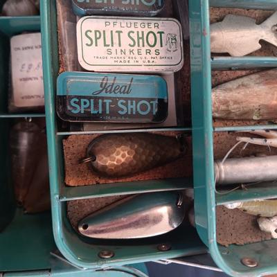 METAL TACKLE BOX FROM MONTGOMERY WARDS 1955 FILLED WITH TACKLE