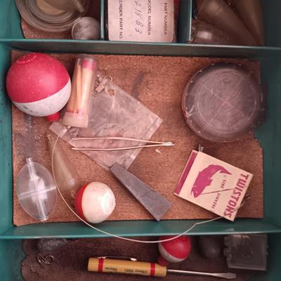 METAL TACKLE BOX FROM MONTGOMERY WARDS 1955 FILLED WITH TACKLE
