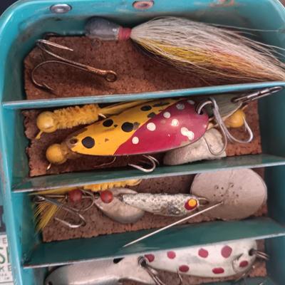 METAL TACKLE BOX FROM MONTGOMERY WARDS 1955 FILLED WITH TACKLE