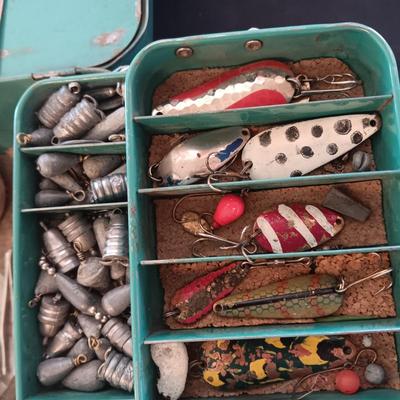 METAL TACKLE BOX FROM MONTGOMERY WARDS 1955 FILLED WITH TACKLE