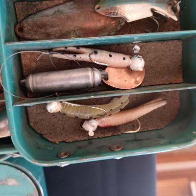 METAL TACKLE BOX FROM MONTGOMERY WARDS 1955 FILLED WITH TACKLE