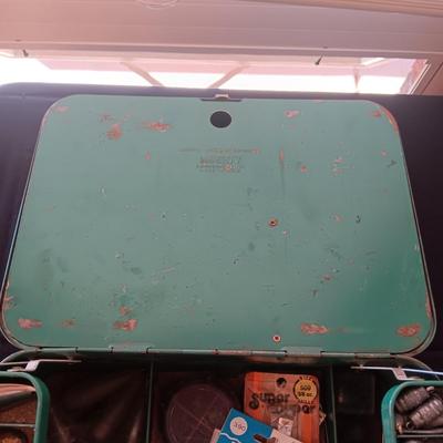 METAL TACKLE BOX FROM MONTGOMERY WARDS 1955 FILLED WITH TACKLE