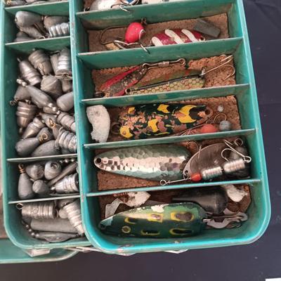 METAL TACKLE BOX FROM MONTGOMERY WARDS 1955 FILLED WITH TACKLE