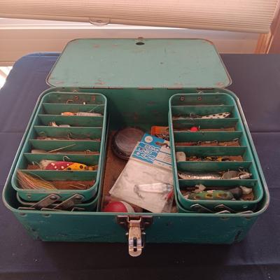 METAL TACKLE BOX FROM MONTGOMERY WARDS 1955 FILLED WITH TACKLE