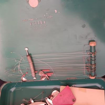 METAL TACKLE BOX FROM MONTGOMERY WARDS 1955 FILLED WITH TACKLE