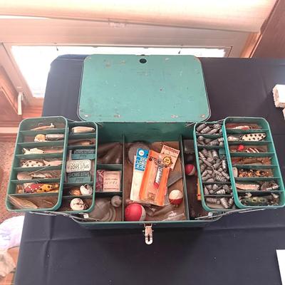 METAL TACKLE BOX FROM MONTGOMERY WARDS 1955 FILLED WITH TACKLE