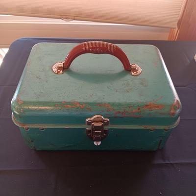 METAL TACKLE BOX FROM MONTGOMERY WARDS 1955 FILLED WITH TACKLE