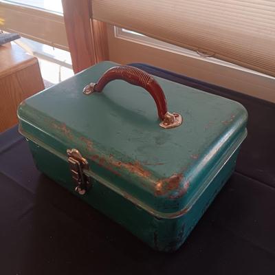 METAL TACKLE BOX FROM MONTGOMERY WARDS 1955 FILLED WITH TACKLE