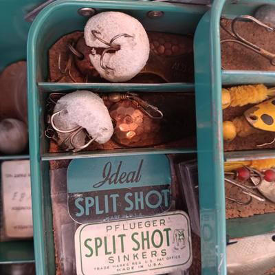 METAL TACKLE BOX FROM MONTGOMERY WARDS 1955 FILLED WITH TACKLE