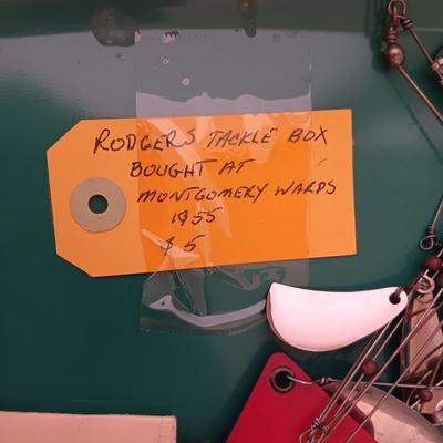 METAL TACKLE BOX FROM MONTGOMERY WARDS 1955 FILLED WITH TACKLE