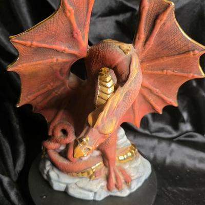 Vintage Red Dragon Resin Figurine with Gold Accents - Mythical Guardian on Rock Base