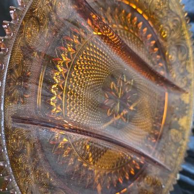 Vintage Indiana Glass Tiara “Sandwich” Amber Three-Section Relish Tray – 1970s Pressed Glass Server with Floral Scroll Design