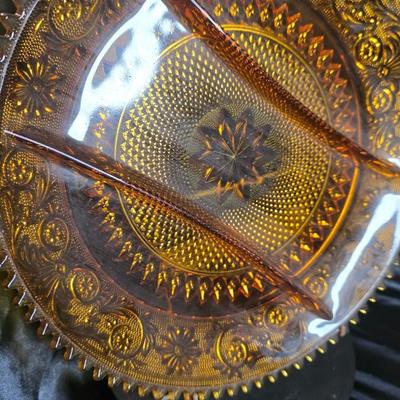 Vintage Indiana Glass Tiara “Sandwich” Amber Three-Section Relish Tray – 1970s Pressed Glass Server with Floral Scroll Design