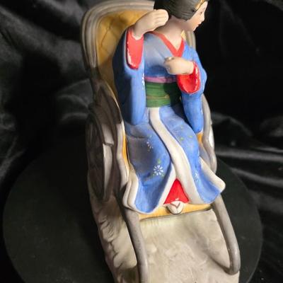 Vintage Porcelain Geisha in Rickshaw Figurine – Hand-Painted Traditional Kimono, Elegant Cultural Decor