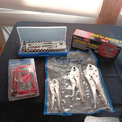 NEW 3 PC LOCKING PLIERS, VOLTAGE MULTI TESTER AND A SOCKET SET
