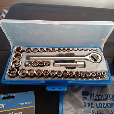 NEW 3 PC LOCKING PLIERS, VOLTAGE MULTI TESTER AND A SOCKET SET