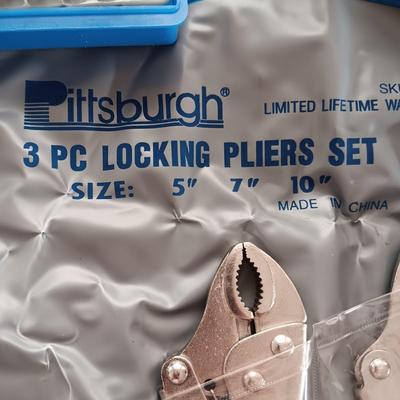 NEW 3 PC LOCKING PLIERS, VOLTAGE MULTI TESTER AND A SOCKET SET
