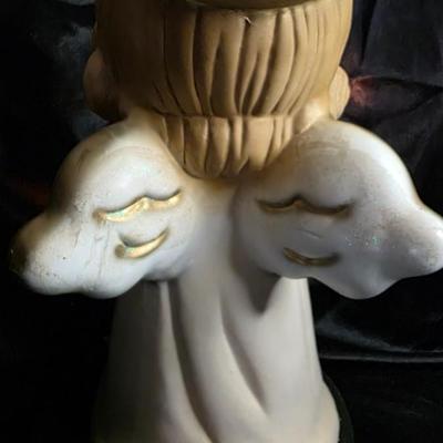 Vintage Hand-Painted Ceramic Angel Baby Night Light | Gold Halo & Star-Cut Wings | Plug-In Illuminated Figurine | Precious 13-in...