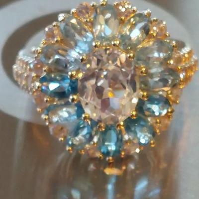 18kt Yellow Gold Plated Blue Topaz Created White Sapphire Ring Sz 7