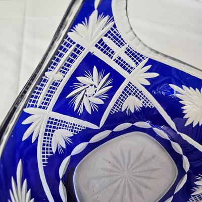 Bohemian Cut Glass Blue & Clear Handled Basket (LR-JS)